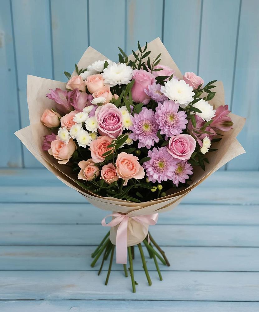 Букет цветов из: Хризантемы, Розы и Альстромерии в Алексеевском