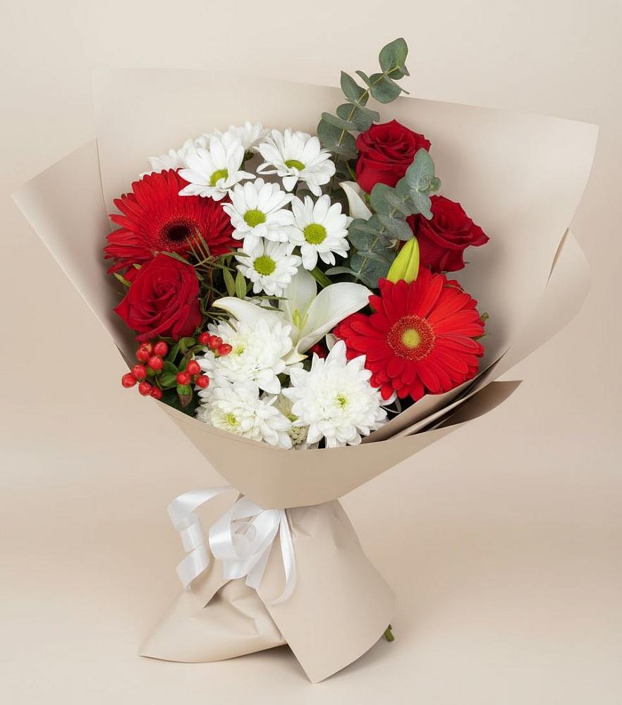 Букет цветов из: Розы, Хризантемы, Герберы и Лилии в Алексеевском