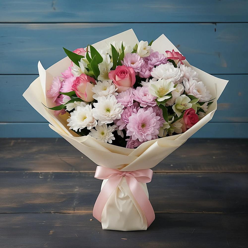 Букет цветов из: Хризантемы, Альстромерии и Розы в Алексеевском